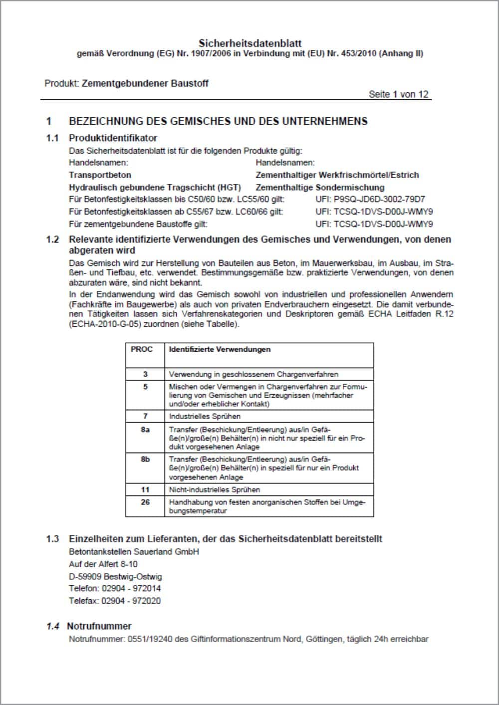 Sicherheitsdatenblatt des Betons